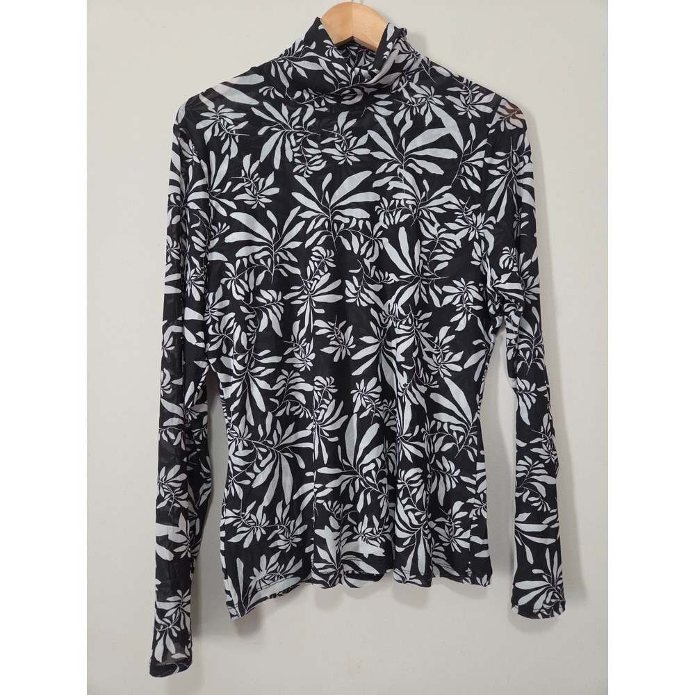 INC International Concepts Black White Leaf Print Mesh Turtleneck Top‎ XL